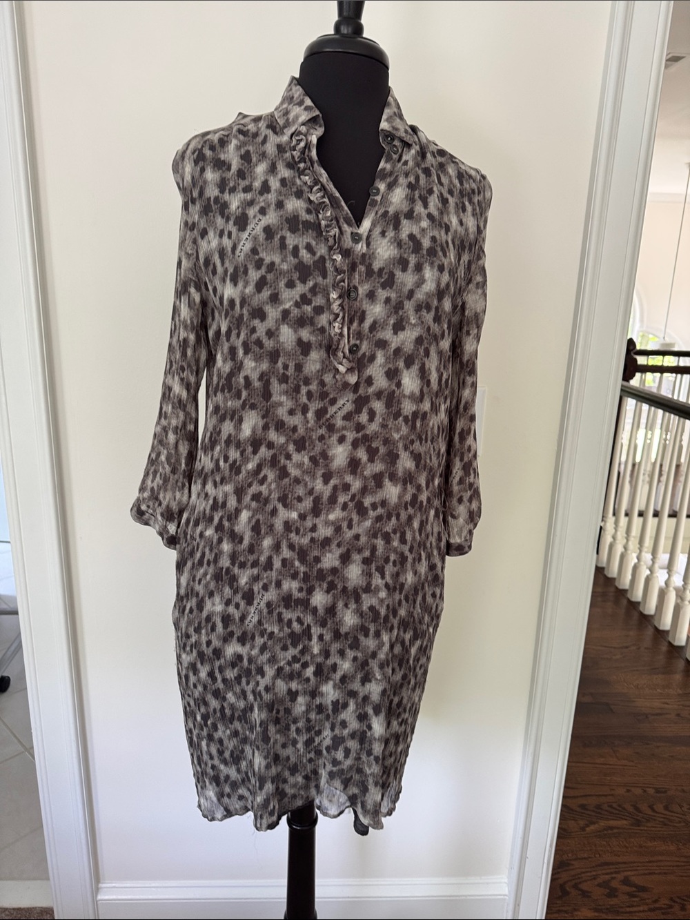 Burberry Gray and Black Leopard-Print Midi Dress
